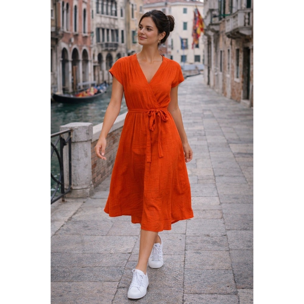 Tie-Waist Midi Dress in Rich Orange